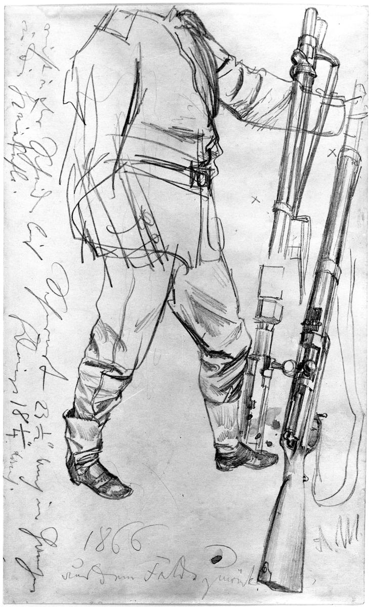 Soldat im Schritt nach Rechts, Gewehrstudien (für den Festkarton zum Essen für die heimkehrenden Krieger 1866)