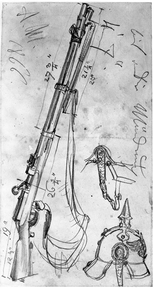 Zündnadelgewehr, Helm mit Schuppenkette und Details