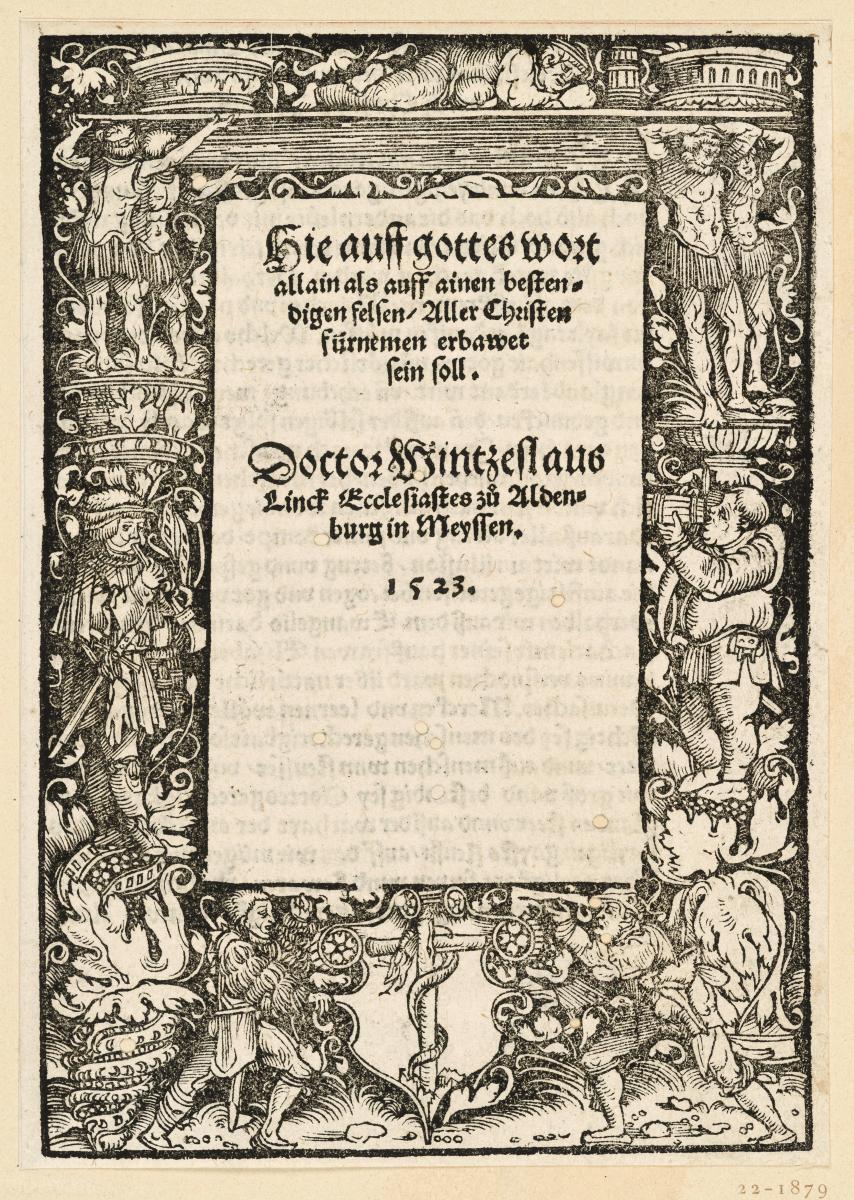 Titelbordüre mit verschiedenen trinkenden und musizierenden Figuren, unten ein Schild mit der ehernen Schlange haltende Männer