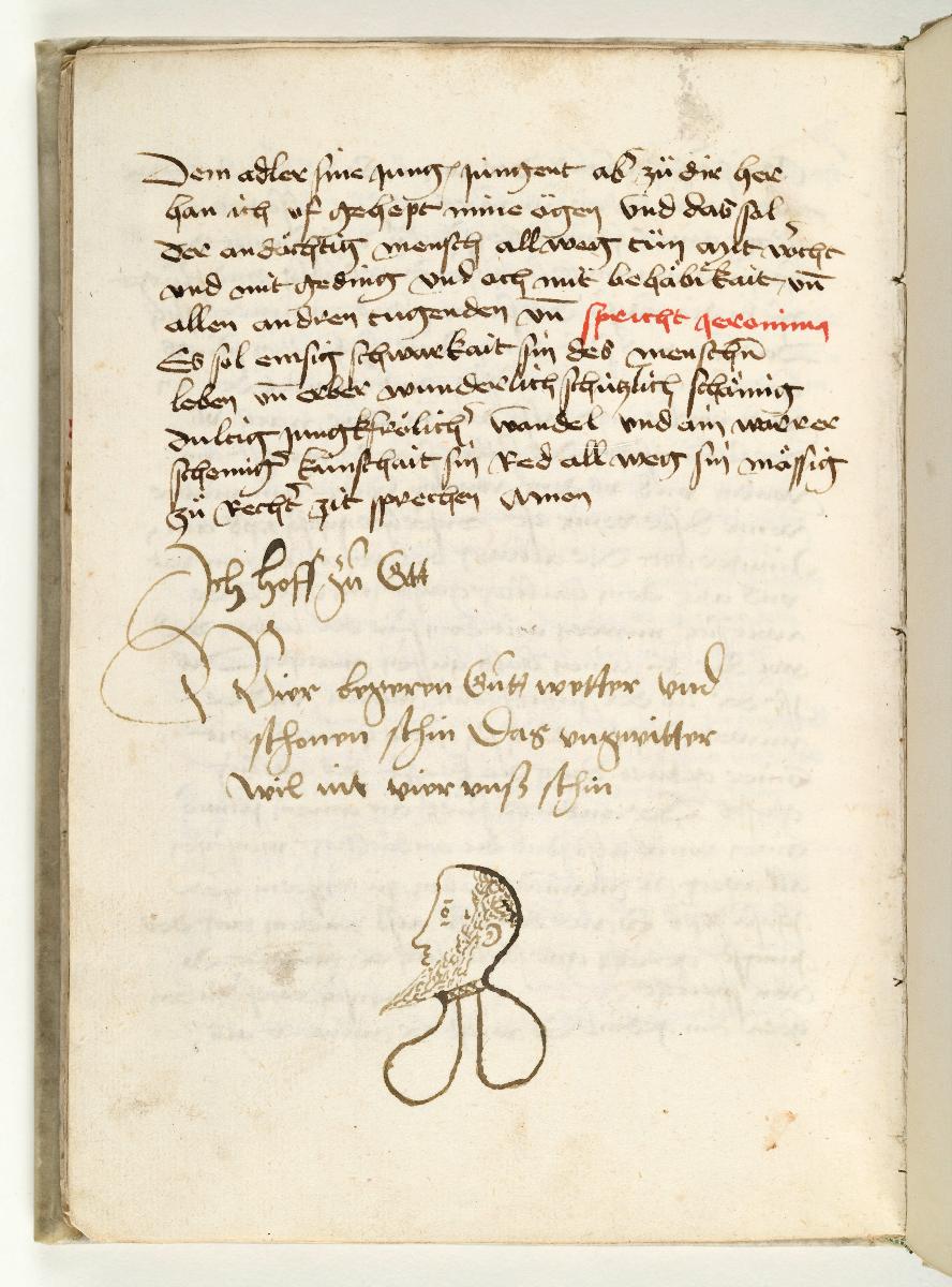 Letzte Textseite mit Bildnis, in: Die sieben Tugenden und Todsünden. (Arnoldus de Hollandia, Liber gnosolitos.)