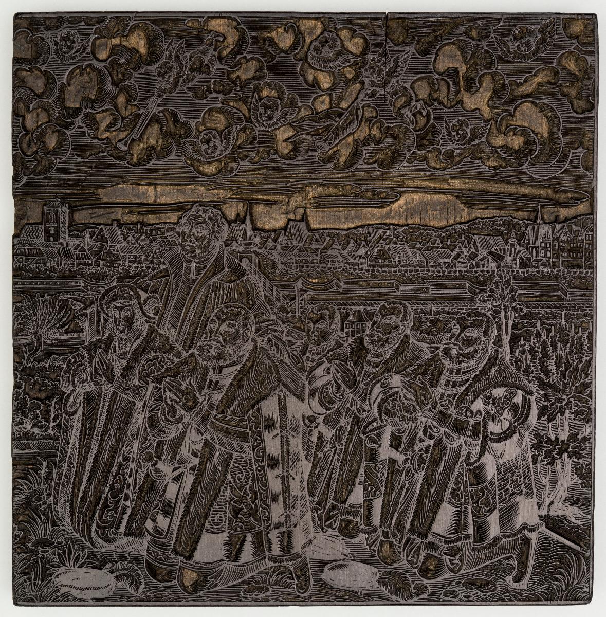Taufe Christi, betrachtet von Luther und der Familie des Kurfürsten Johann Friedrich, im Hintergrund die Stadt Wittenberg (2 Stöcke)