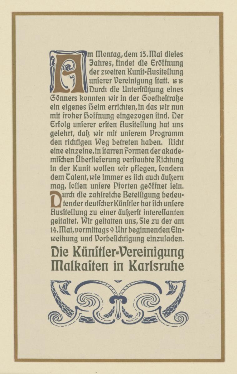 Ausstellungseinladung der Künstler=Vereinigung Malkasten in Karlsruhe