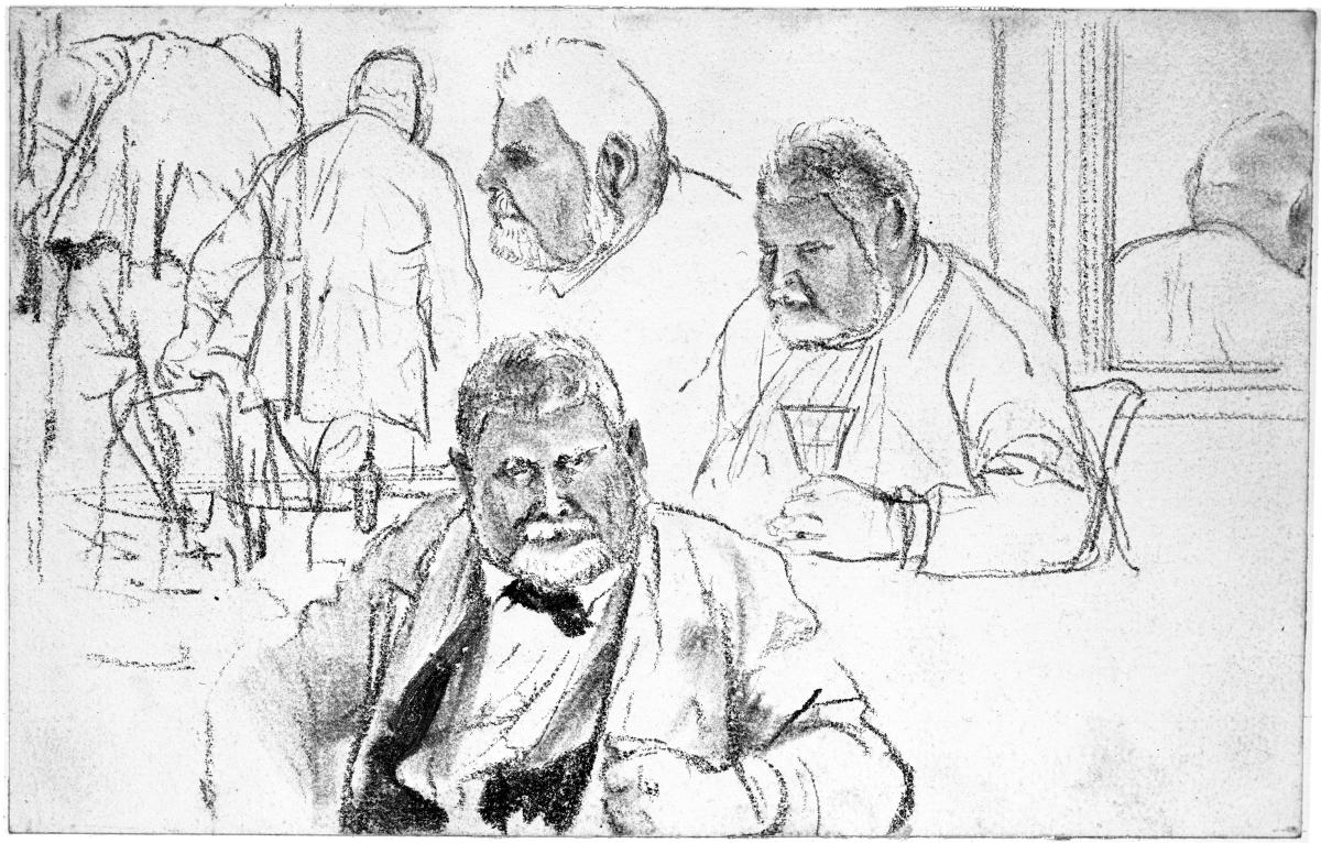 Brustbild eines älteren bärtigen Mannes, wiederholt mit Glas in der  Hand, der Kopf wiederholt und aufstehend sowie als Rückenfigur