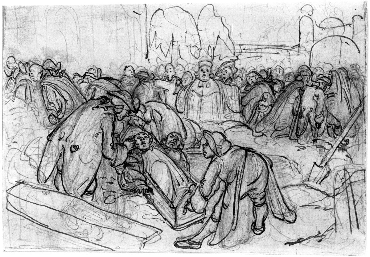 Erwachen beim Begräbnis. Illustration zur Jobsiade
