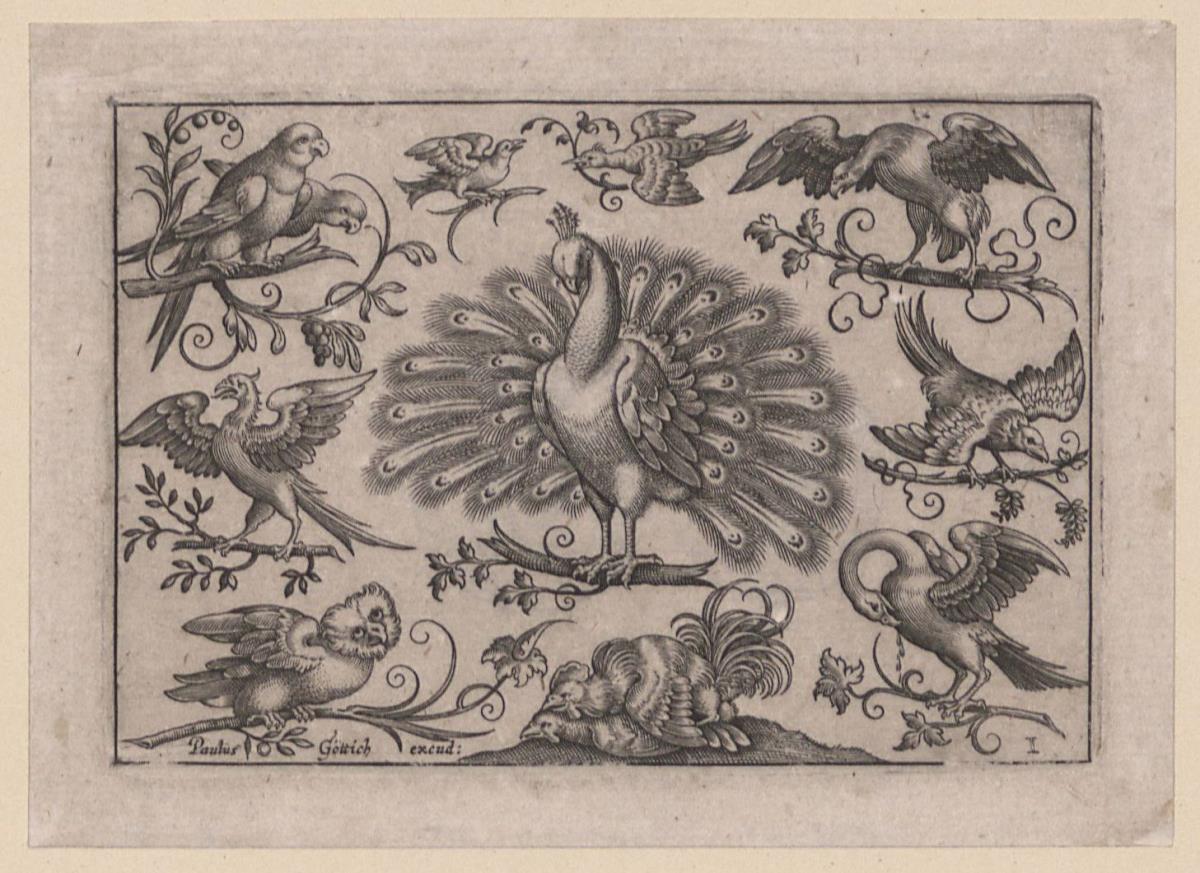 Vögel auf kleinen z.T. ornamental gestalteten Zweigen