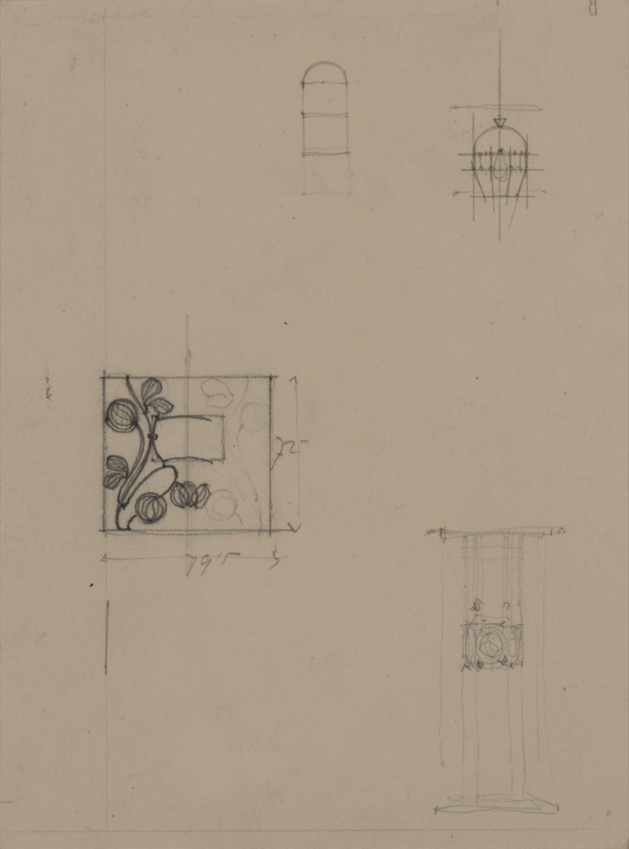 Darmstadt, Wohnhaus Olbrich, Skizzenblatt mit Studien für Deckenlampen, einem schmiedeeisernen Gitter für Kellerfenster und einem Skulpturen oder Blumenständer