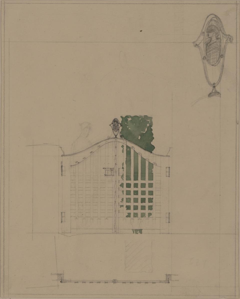 Darmstadt, Wohnhaus Olbrich, Gartenpforte, Aufriss, Grundriss und  Detail