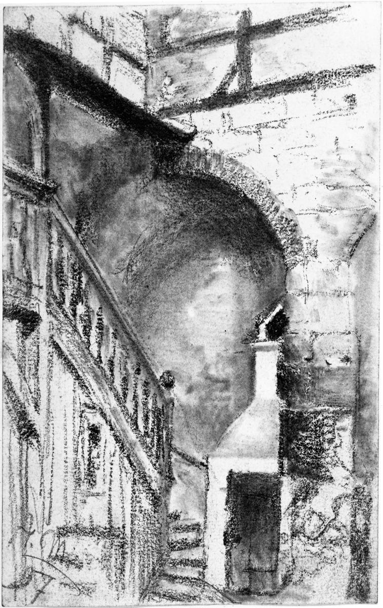 Treppe in einem Hof mit Rundbogennische