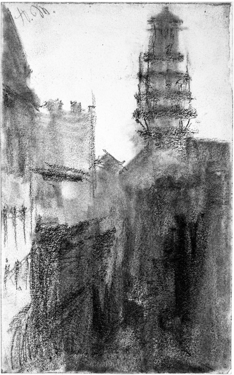 Blick auf Häuser und einen Turm mit Gerüst