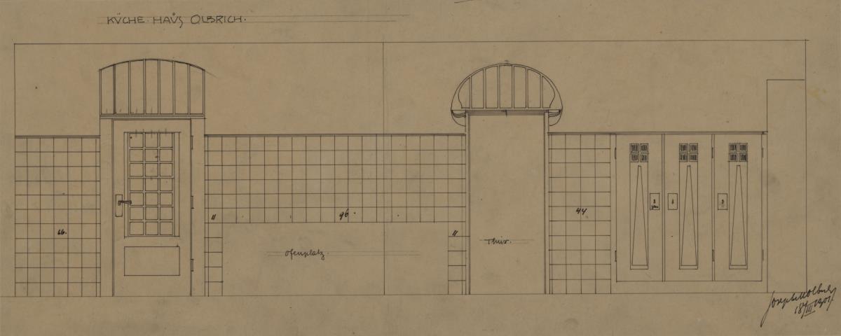 Darmstadt, Wohnhaus Olbrich, Kellergeschoss, Küche, Aufrisse der Süd und Westwand