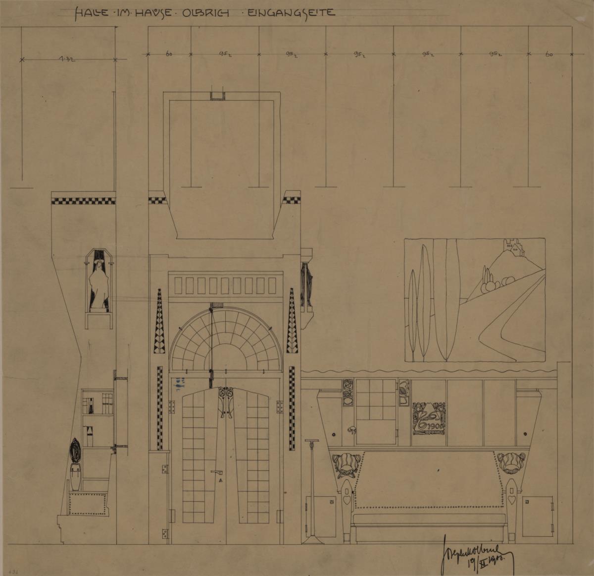 Darmstadt, Wohnhaus Olbrich, Erdgeschoss, Halle, Aufriss der Südwand und Seitenansicht der Emporen Stützen