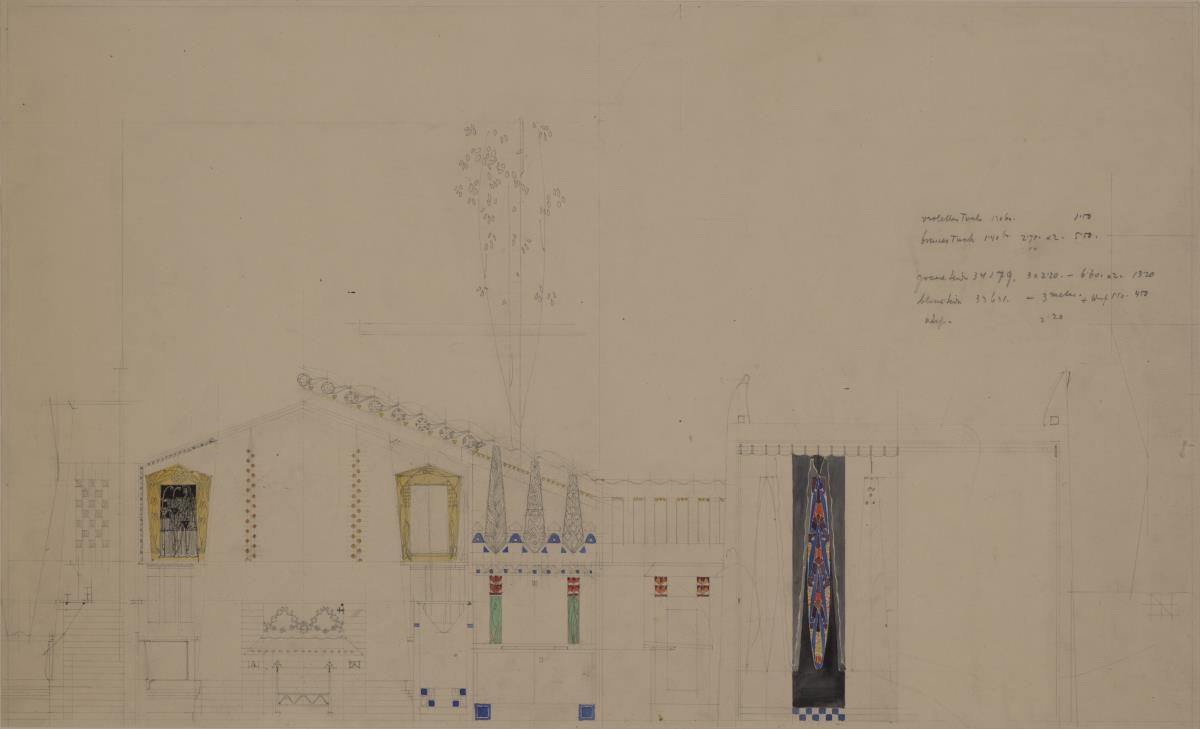 Darmstadt, Wohnhaus Olbrich, Erdgeschoss, Halle, Aufrisse der Nord und Ostwand