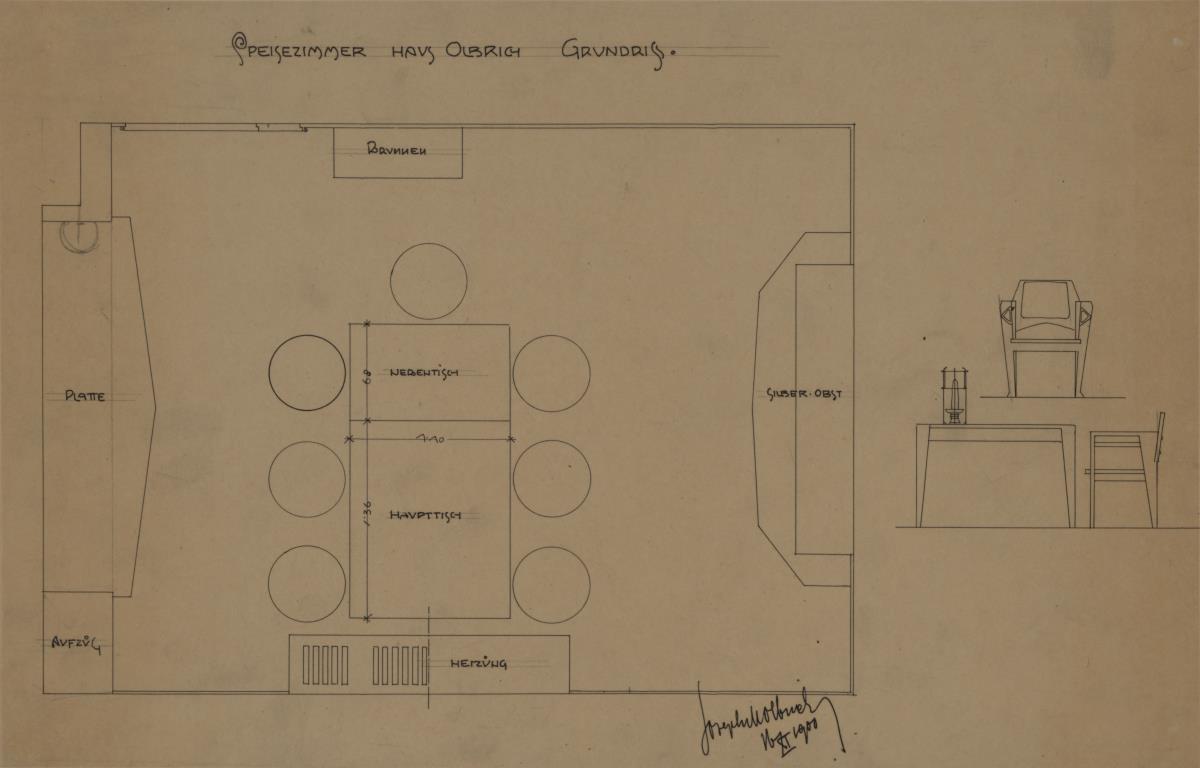 Darmstadt, Wohnhaus Olbrich, Erdgeschoss, Speisezimmer, Grundriss mit Möblierungsplan, Aufriss eines Tisches sowie Aufriss und Seitenansicht eines Sessels