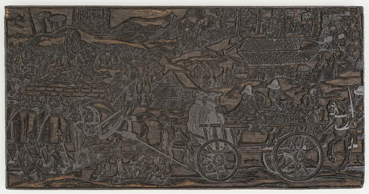 Gefangener auf Wagen, Folterszene im Hintergrund