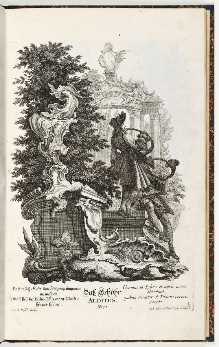 Verl.-Nr. 71. 5 Blatt Muschelwerk mit Figuren: die fünf Sinne