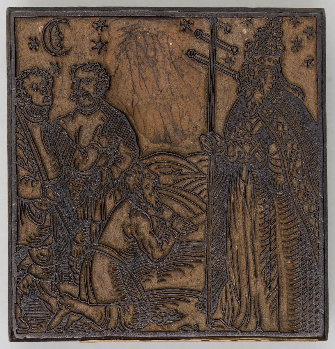 -Fußwaschung (?) (verso: Evangelist); -Mondsichel-Madonna; -Evangelist; -Unklar (verso: unklar) Metallschere einmontiert; -3 Personen vor Herrscher (verso: Farbplatte dazu ?)
(5 Stöcke)