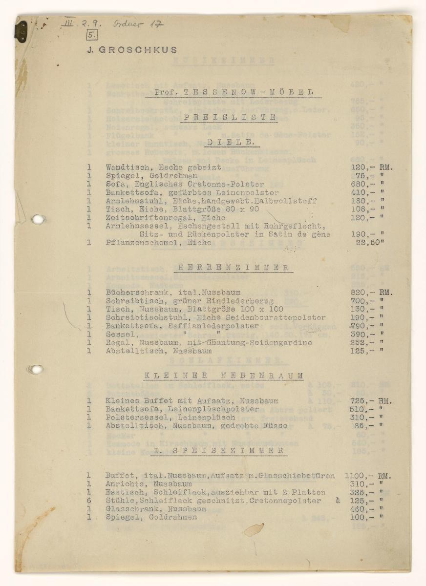 4-Seitige Preisliste für Möbel H. Tessenows von J. Groschkus