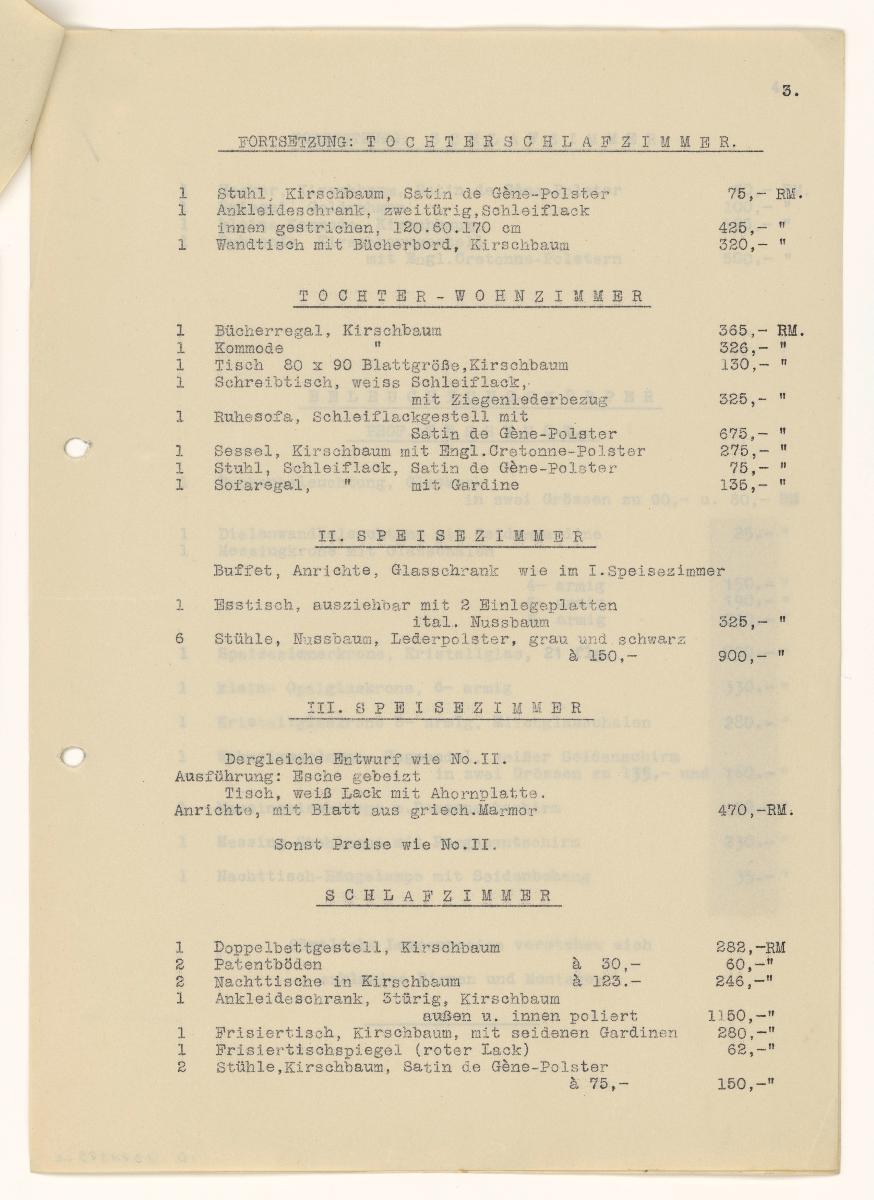 4-Seitige Preisliste für Möbel H. Tessenows von J. Groschkus