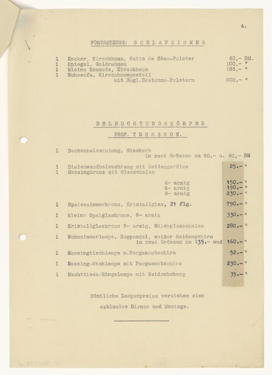 4-Seitige Preisliste für Möbel H. Tessenows von J. Groschkus