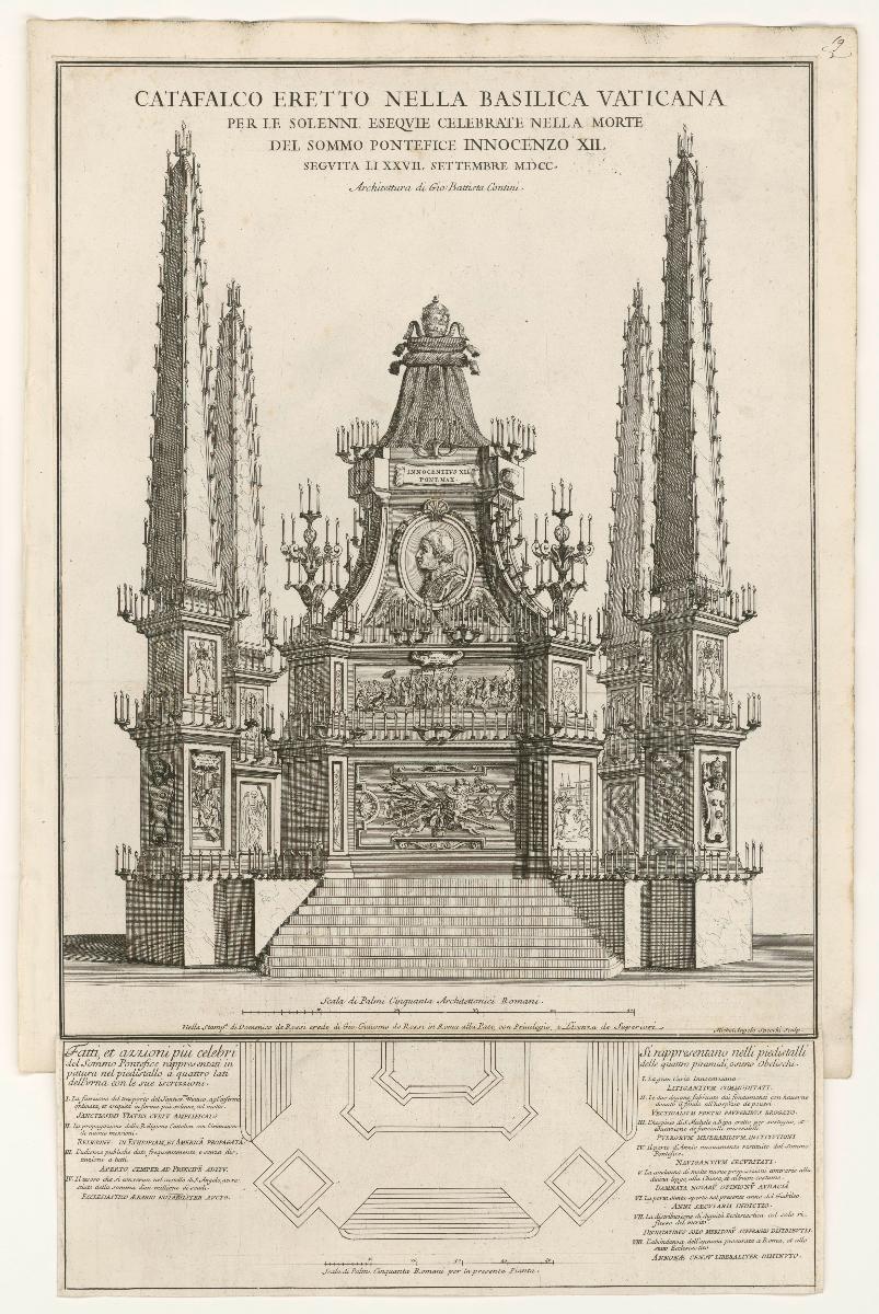 Catafalco Eretto Nella Basilica Vaticana Per Le ... Eseqvie Celebrate Nella Morte Del Sommo Pontefice Innocenzo XII ... 1700. Architettura di Gio: Battista Contini. Nella Stamp.a di Domenico de Rossi ... in Roma ... Michel Angelo Specchi sculp.
