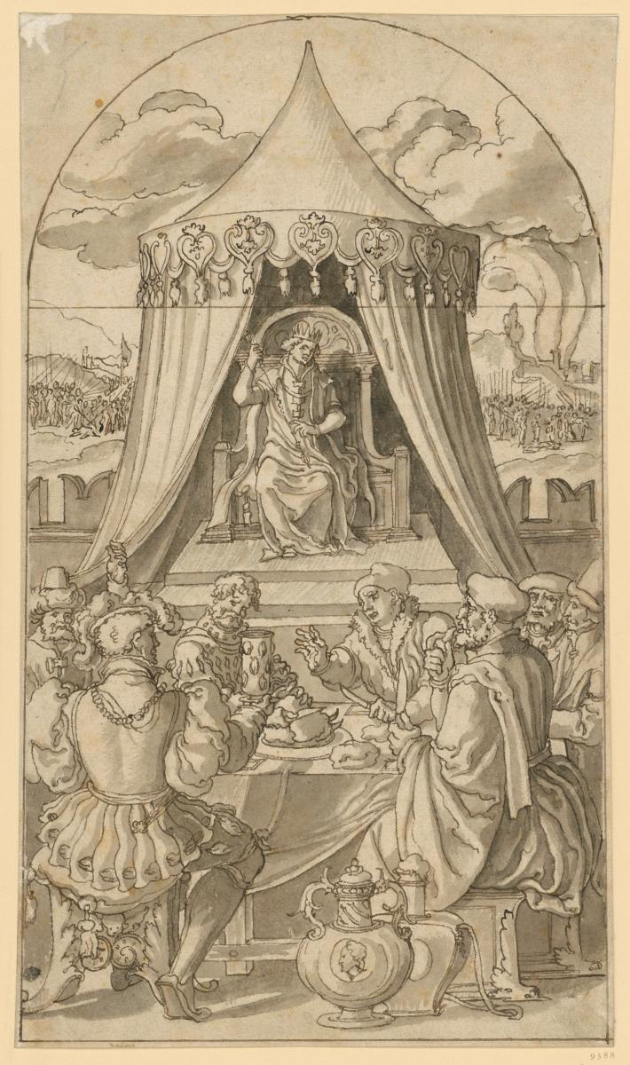 Festtafel vor einem Thron, im Hintergrund eine Schlacht