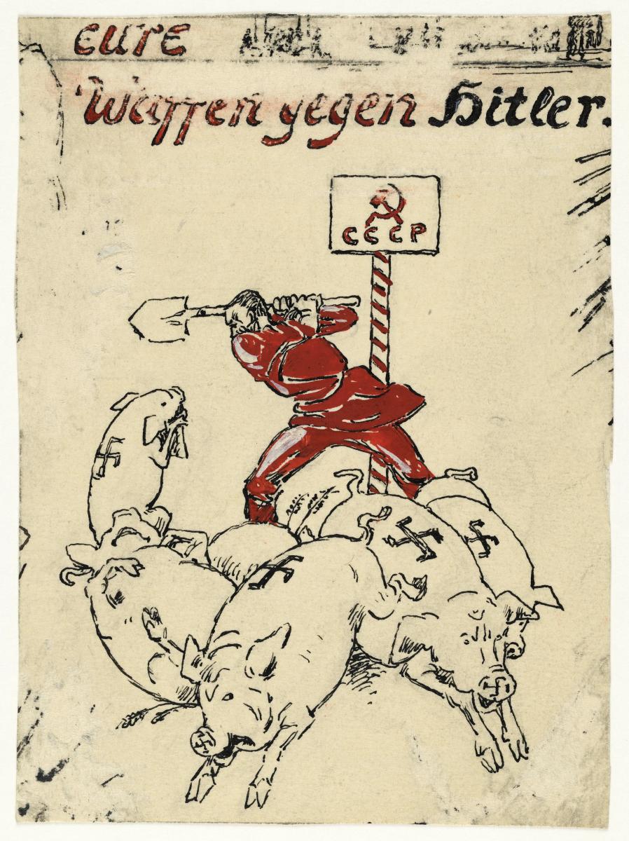 Ein Mann mit einem Spaten vetreibt ein Rudel Schweine. Entwurf zu einem Plakat