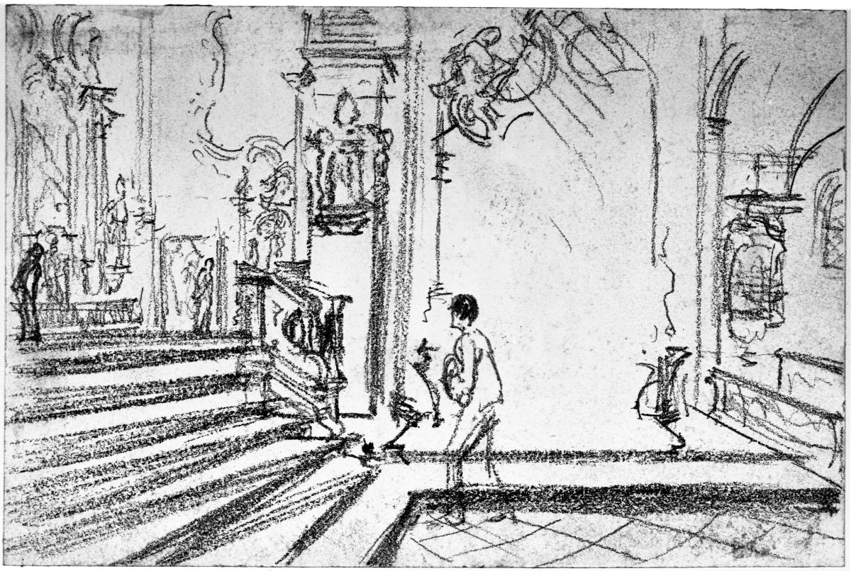 Barockes Kircheninneres mit Stufen zum Hochaltar, davor ein Andächtiger