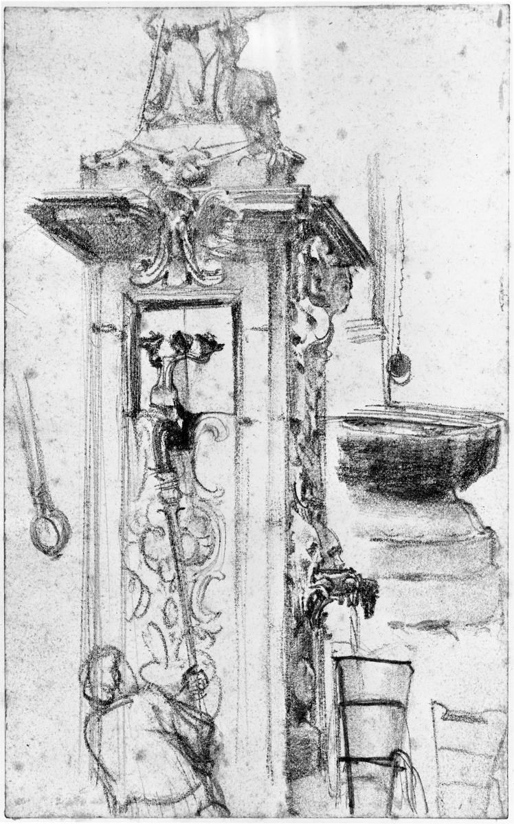 Barocke Wasserpumpe mit hantierender Figur und Wasserbecken
