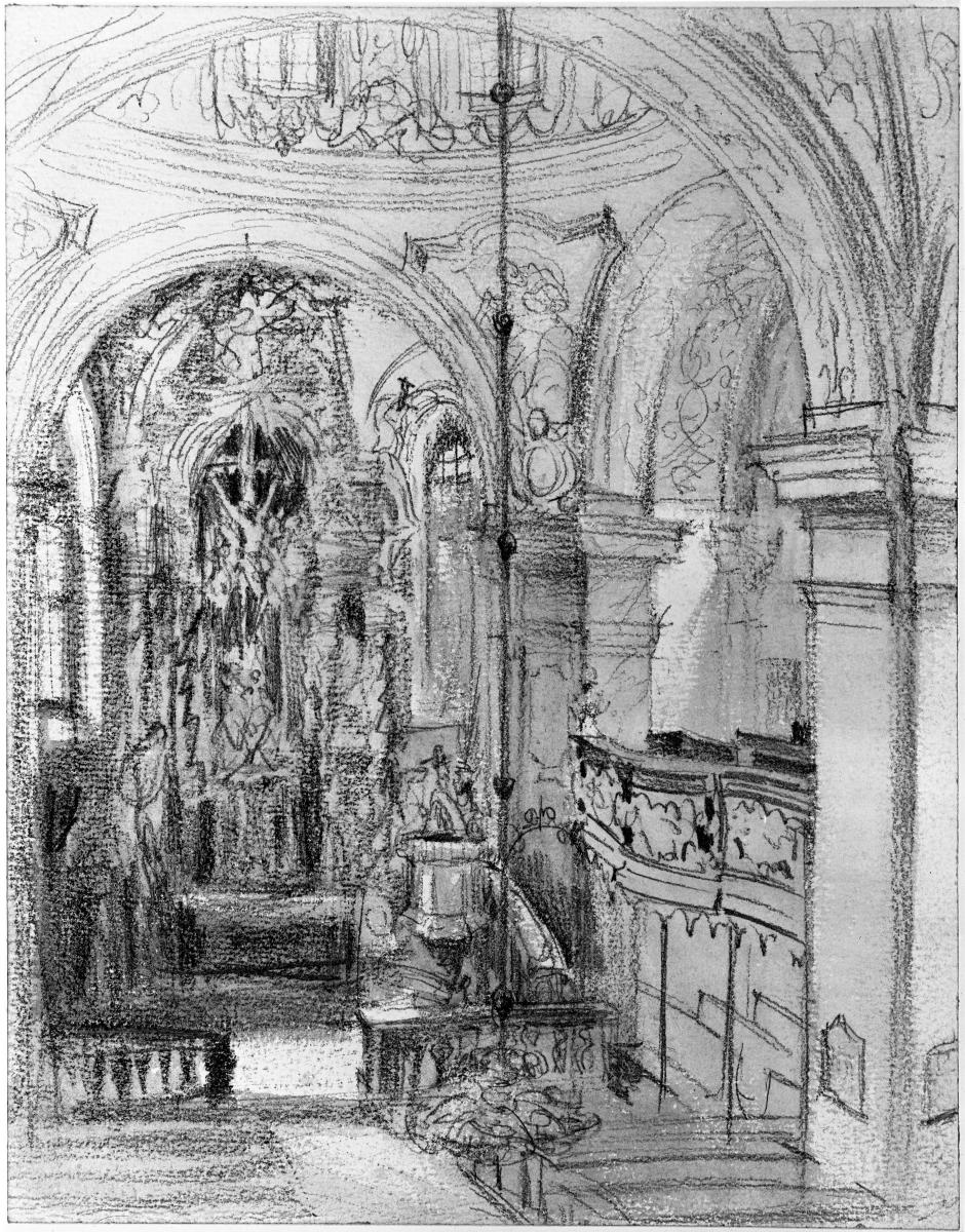 Blick durch die Vierung auf den Altar einer barocken Kirche