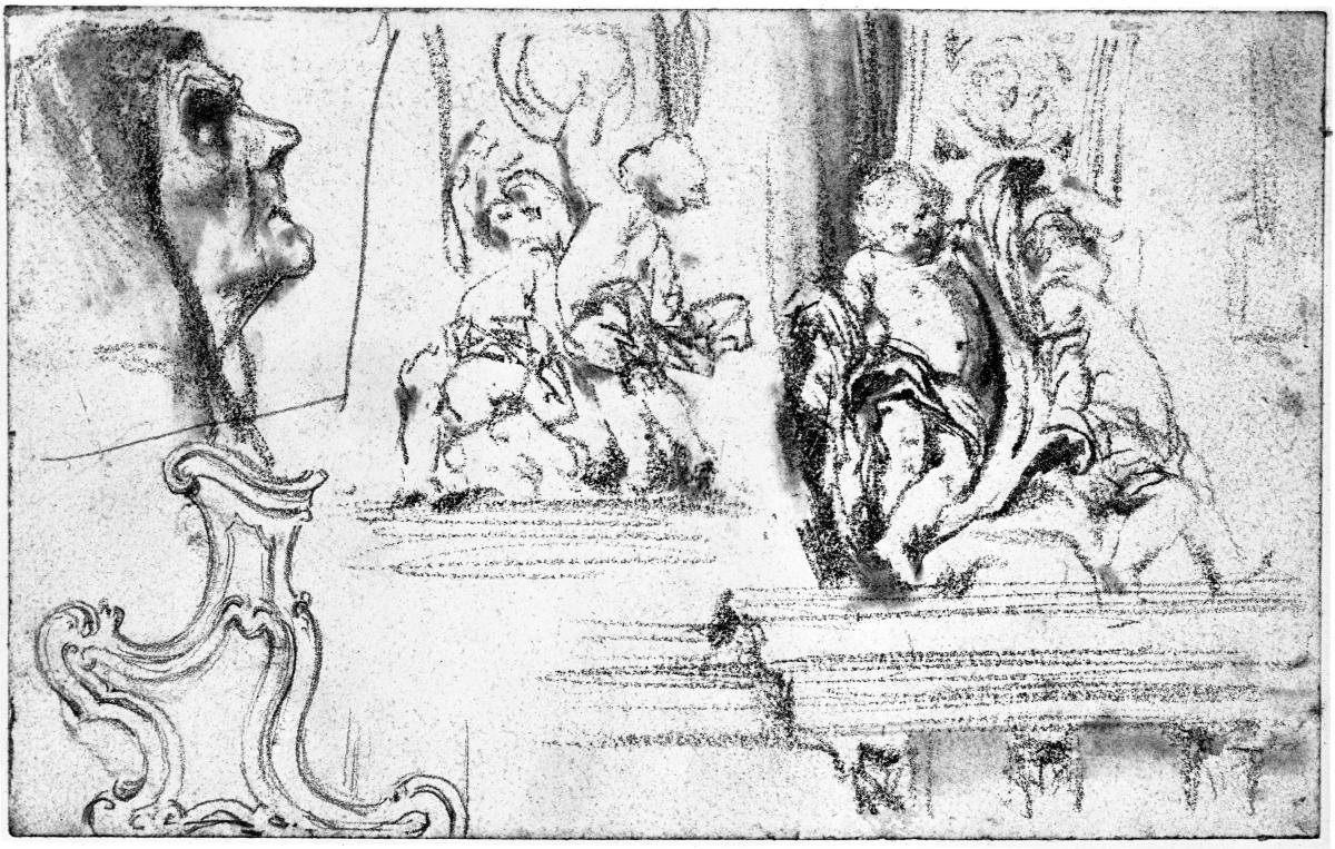 Zwei Skizzen einer Puttengruppe der barocken Kirchenarchitektur, Gesicht einer aufblickenden alten Frau, barocke Gestühlwange