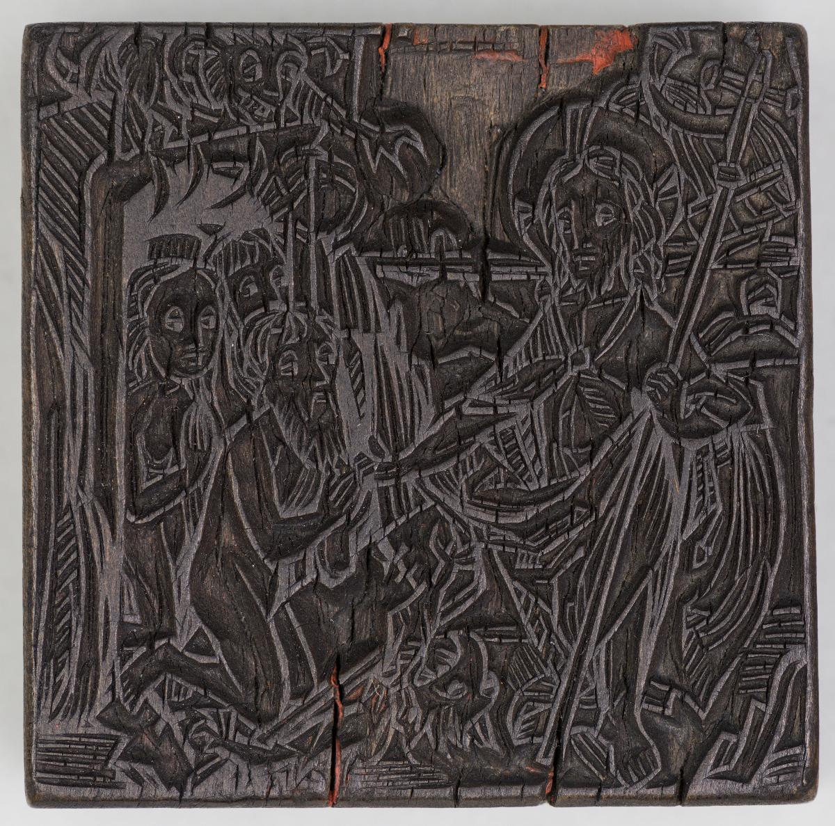 Bibl. Szenen (Anbetung Hirten, Initiale B mit Hl. Georg, Christus in der Vorhölle?, , Christuskind mit Marterwerkzeugen, Christus am Kreuz, Hieronymus im Gehäuse)
(7 Stöcke)