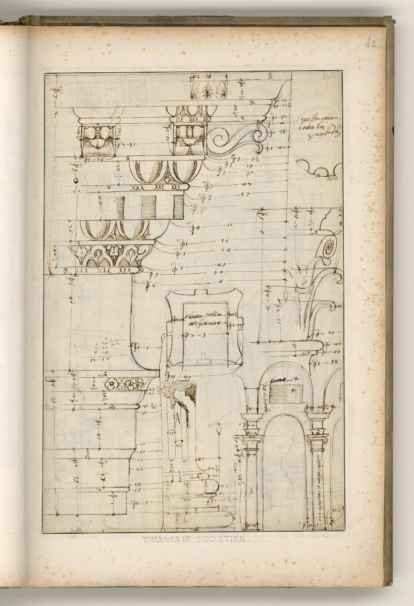 Rom, Diokletiansthermen, Details der Ordnung des ehemaligen Frigidariums; Verso: diverse Gesimse und Architraven römischer Gebäude