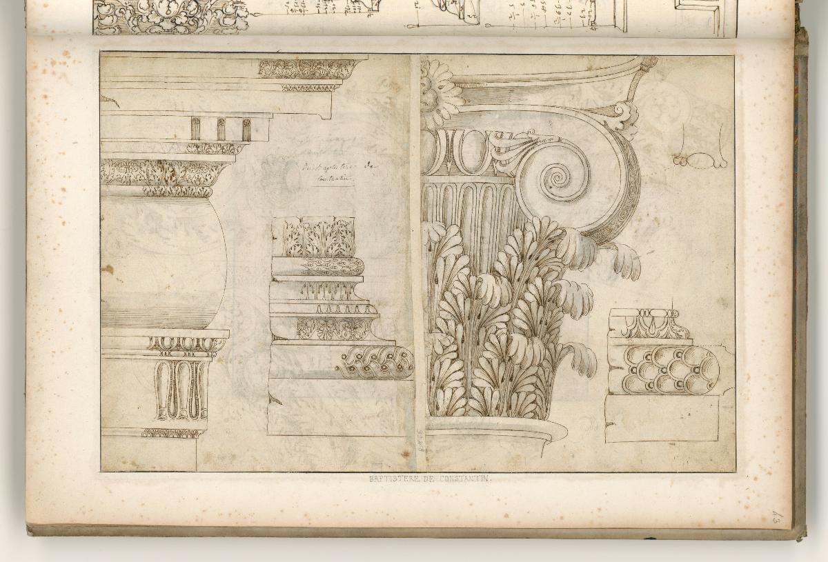 Rom, Baptisterium am Lateran, Details des Säulenschmucks; Verso: zwei mit Rankornament verzierte Konsolen