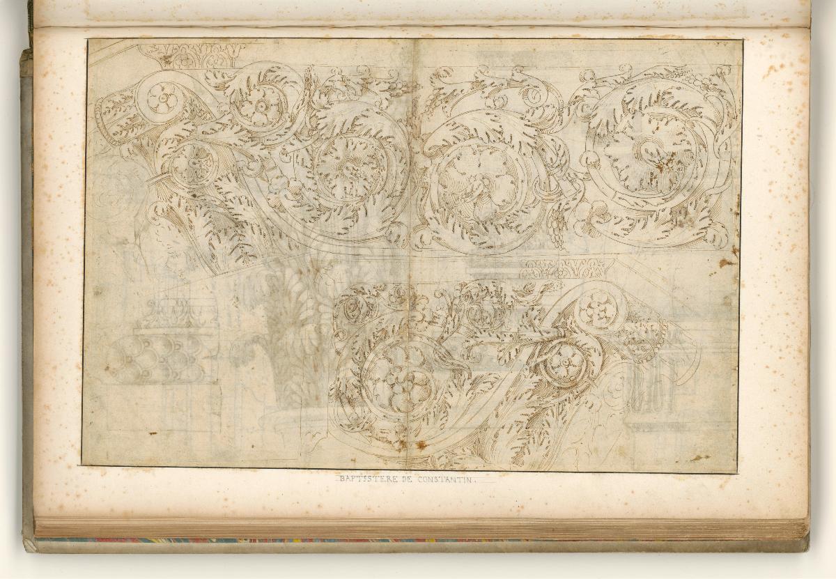 Rom, Baptisterium am Lateran, Details des Säulenschmucks; Verso: zwei mit Rankornament verzierte Konsolen