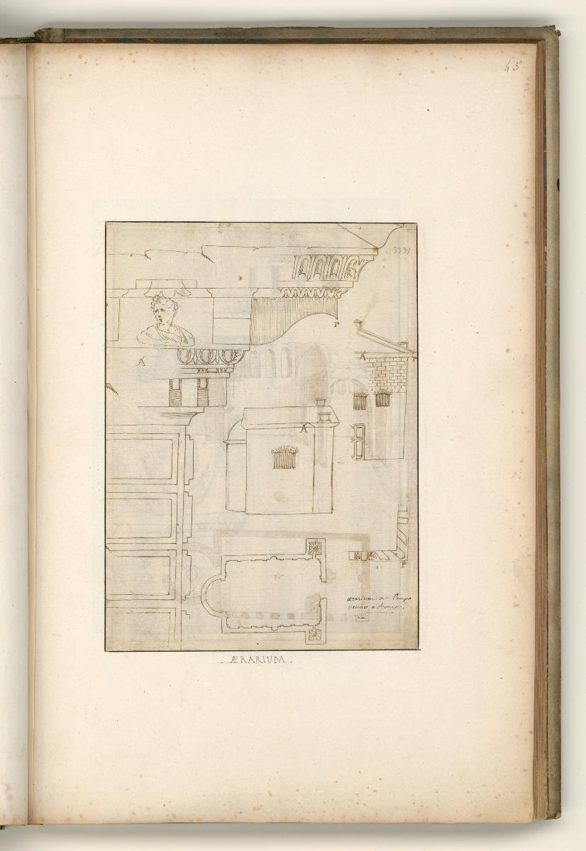 Rom, Forum Romanum, Curia lulia, Grundriss und Aufriss der Fassade u. Seitenwand u. Detaildarstellungen; Verso: Kirche SS Cosma e Damiano, Grundriss, Längsschnitt