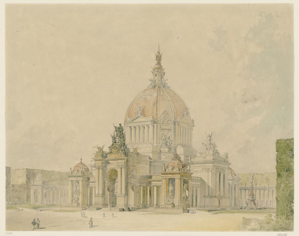 Wien, Projekt Ruhmeshalle, Perspektive mit einzelnen Figuren und umgebener Gartenanlage