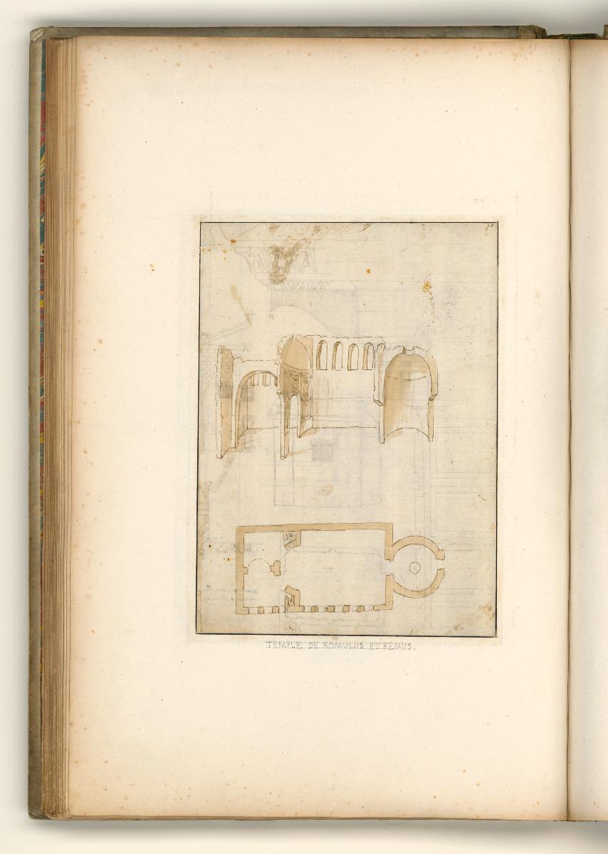Rom, Forum Romanum, Curia lulia, Grundriss und Aufriss der Fassade u. Seitenwand u. Detaildarstellungen; Verso: Kirche SS Cosma e Damiano, Grundriss, Längsschnitt