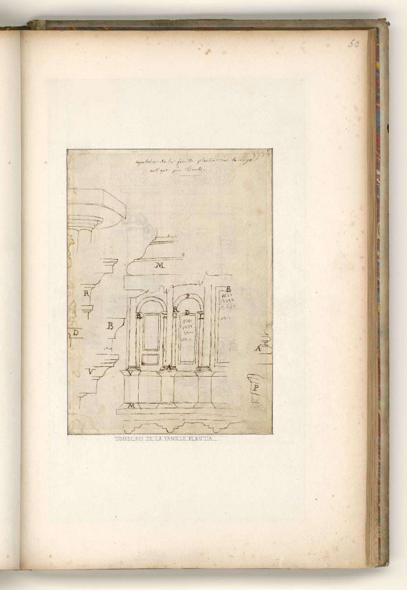 Tivoli, Via Tiburtina, Mausoleum der Plautier, Grundriss und Aufriss der Mauer sowie Details der Bauornamentik, Verso: Darstellung eines Zierbrunnens mit Gehäuse