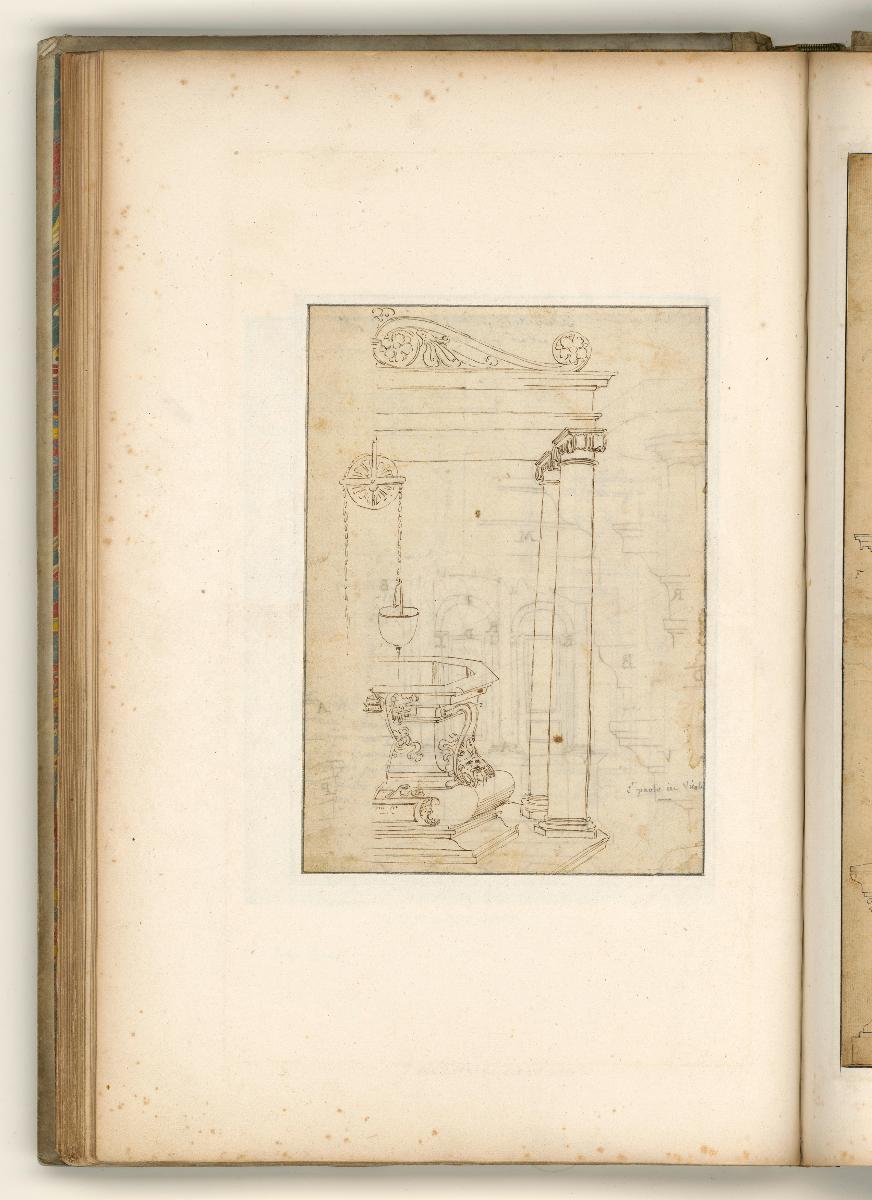 Tivoli, Via Tiburtina, Mausoleum der Plautier, Grundriss und Aufriss der Mauer sowie Details der Bauornamentik, Verso: Darstellung eines Zierbrunnens mit Gehäuse
