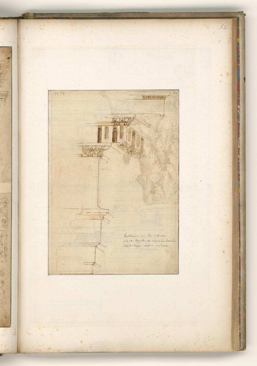 Rom, Forum Romanum, Gebälk Cippolinosäule, Eingang der ehem. Aula des Romulus-Mausoleums, Verso: Kapitell-Skizze