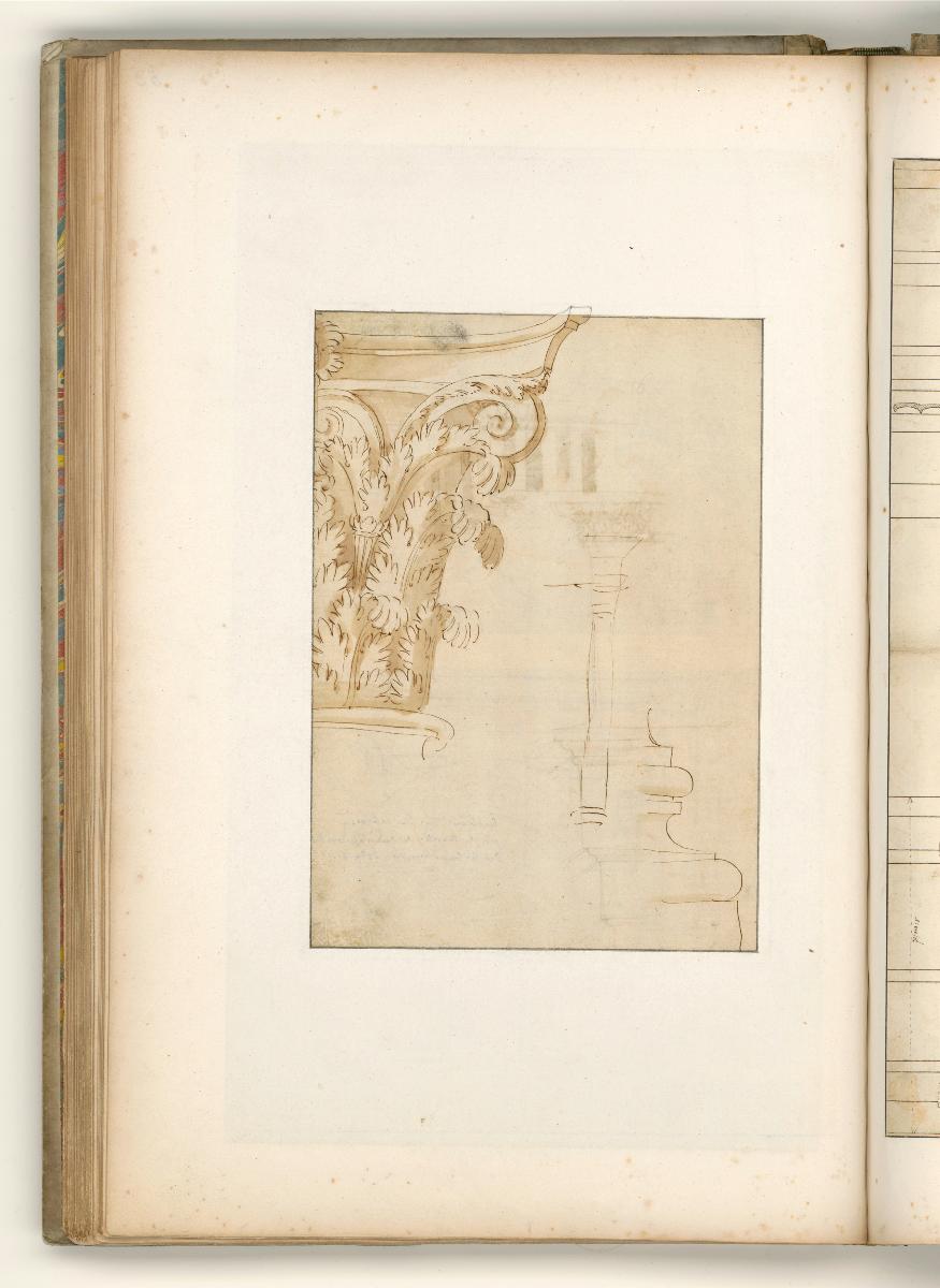 Rom, Forum Romanum, Gebälk Cippolinosäule, Eingang der ehem. Aula des Romulus-Mausoleums, Verso: Kapitell-Skizze