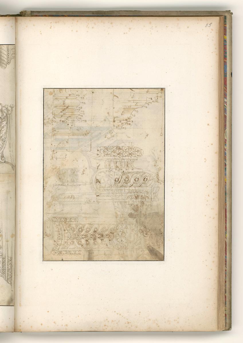 Verschiedene architektonische Details, Verso: halber Aufriss eines korinthichen Kapitells, Schmuckbasis und Konsolengesims