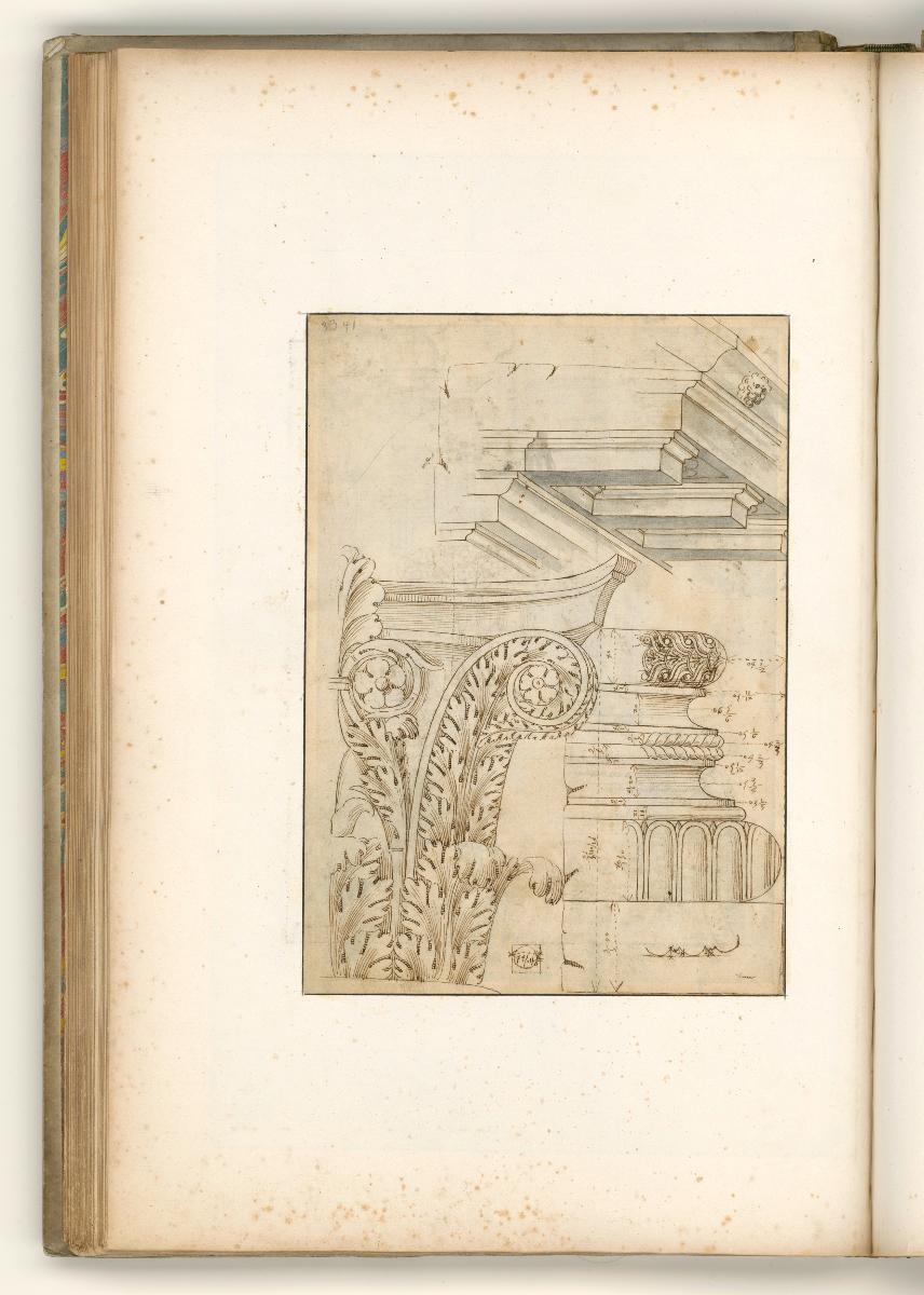 Verschiedene architektonische Details, Verso: halber Aufriss eines korinthichen Kapitells, Schmuckbasis und Konsolengesims