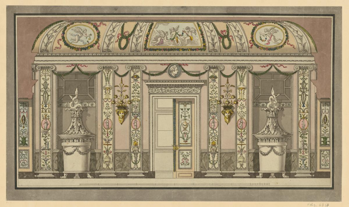 Aufriss einer Wanddekoration mit Pilastern, Rankwerk und Ornamenten