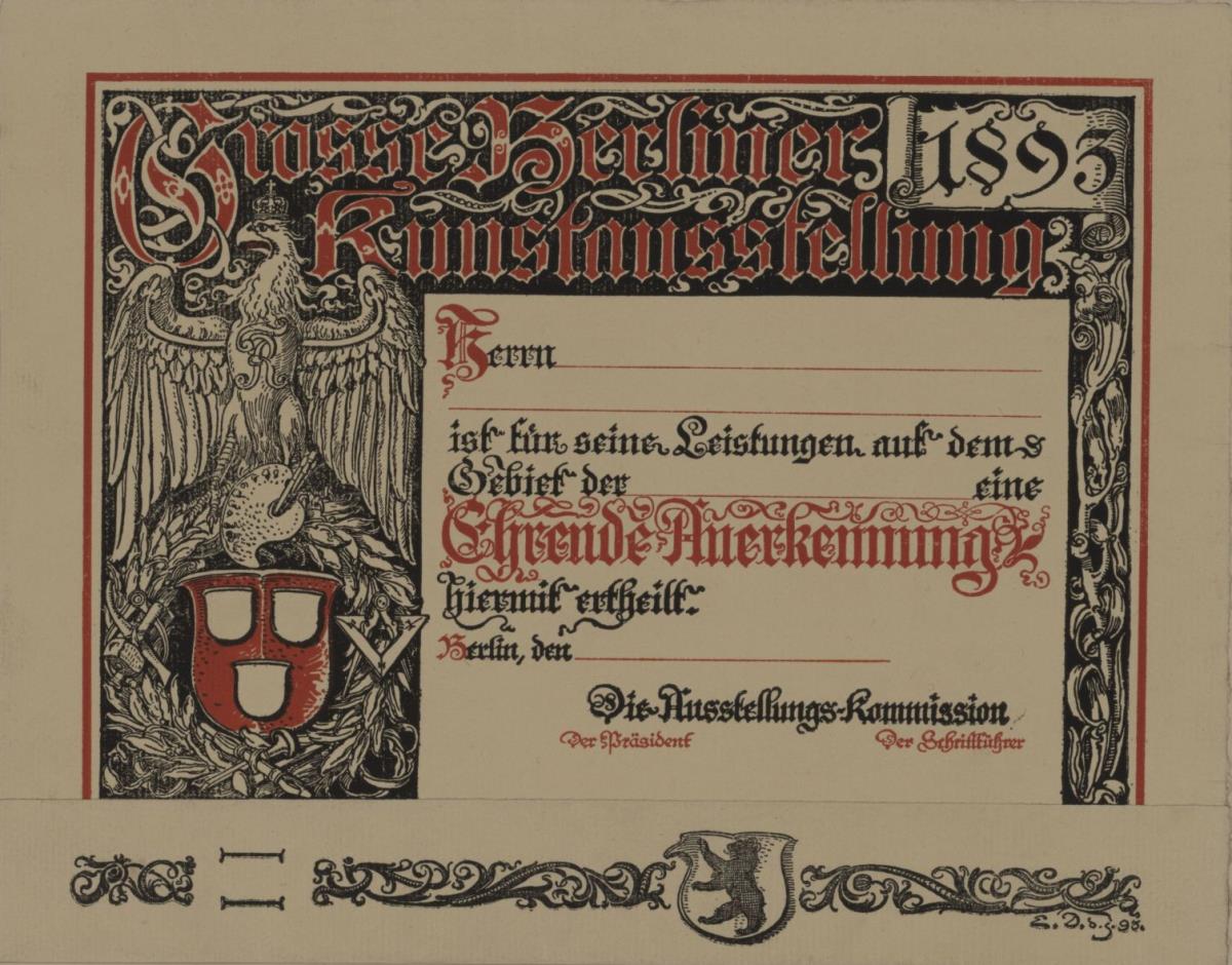 Ehrende Anerkennung. Große Berliner Kunstausstellung 1893