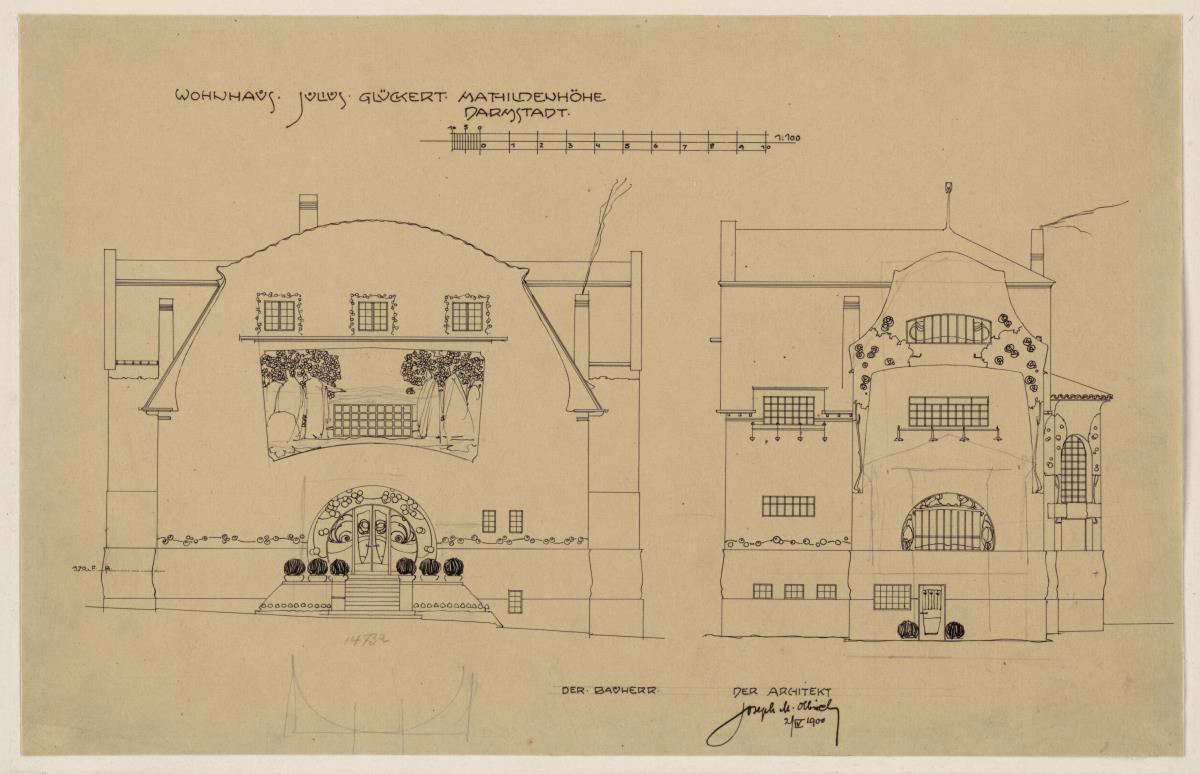 Darmstadt, Grosses Glückerthaus, Aufrisse der West und Südfassade