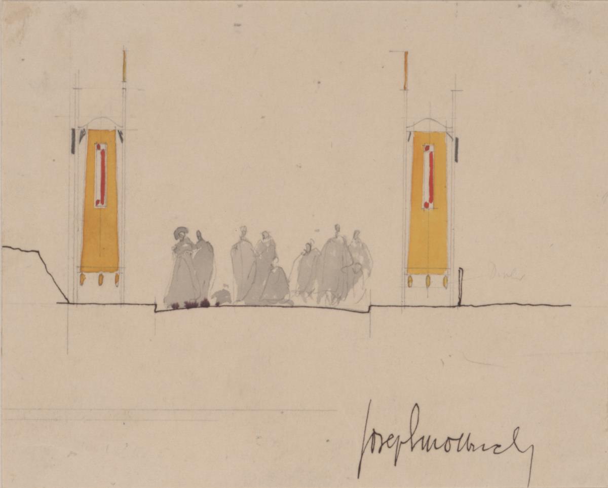 Darmstadt, Straßenschmuck zwischen Dreihäusergruppe und Restaurant während der Künstlerkolonie Ausstellung, Skizzenblatt mit Straßenprofil, Flaggenständern und Figuren