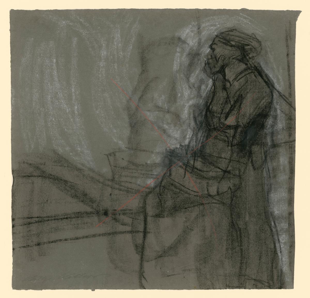 Stehende Frau mit Hand am Kinn