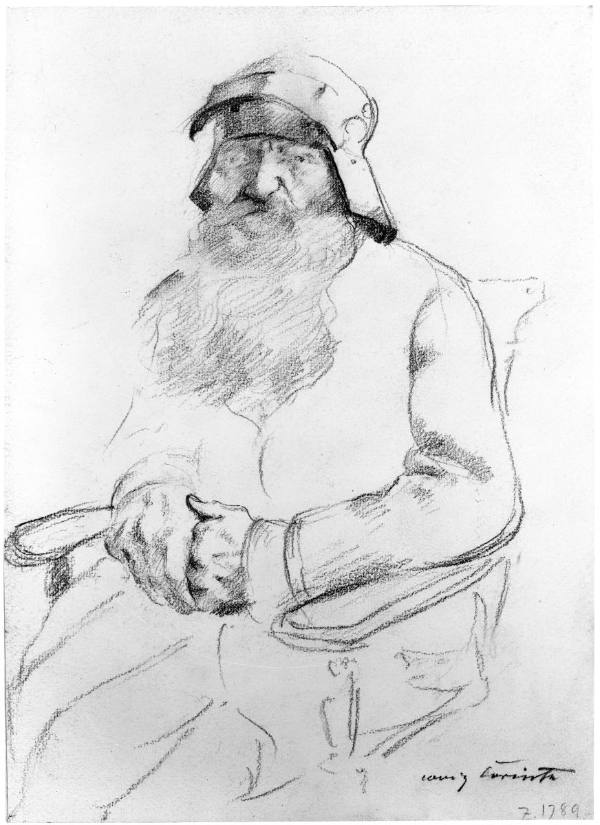 Sitzender bärtiger alter Mann mit einem Helm des 16. Jahrhunderts, von vorn (Studie zum Götz von Berlichingen)