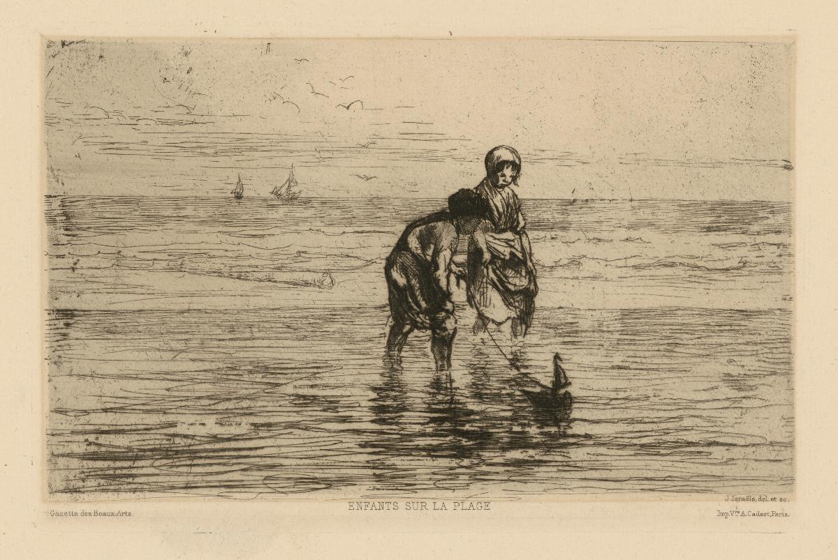 Zwei mit einem kleinen Boot spielende Kinder am Strand